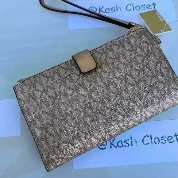 Michael Kors Double Zip Wristlet Wallet MK Signature Rose Gold - Picture 2 of 8